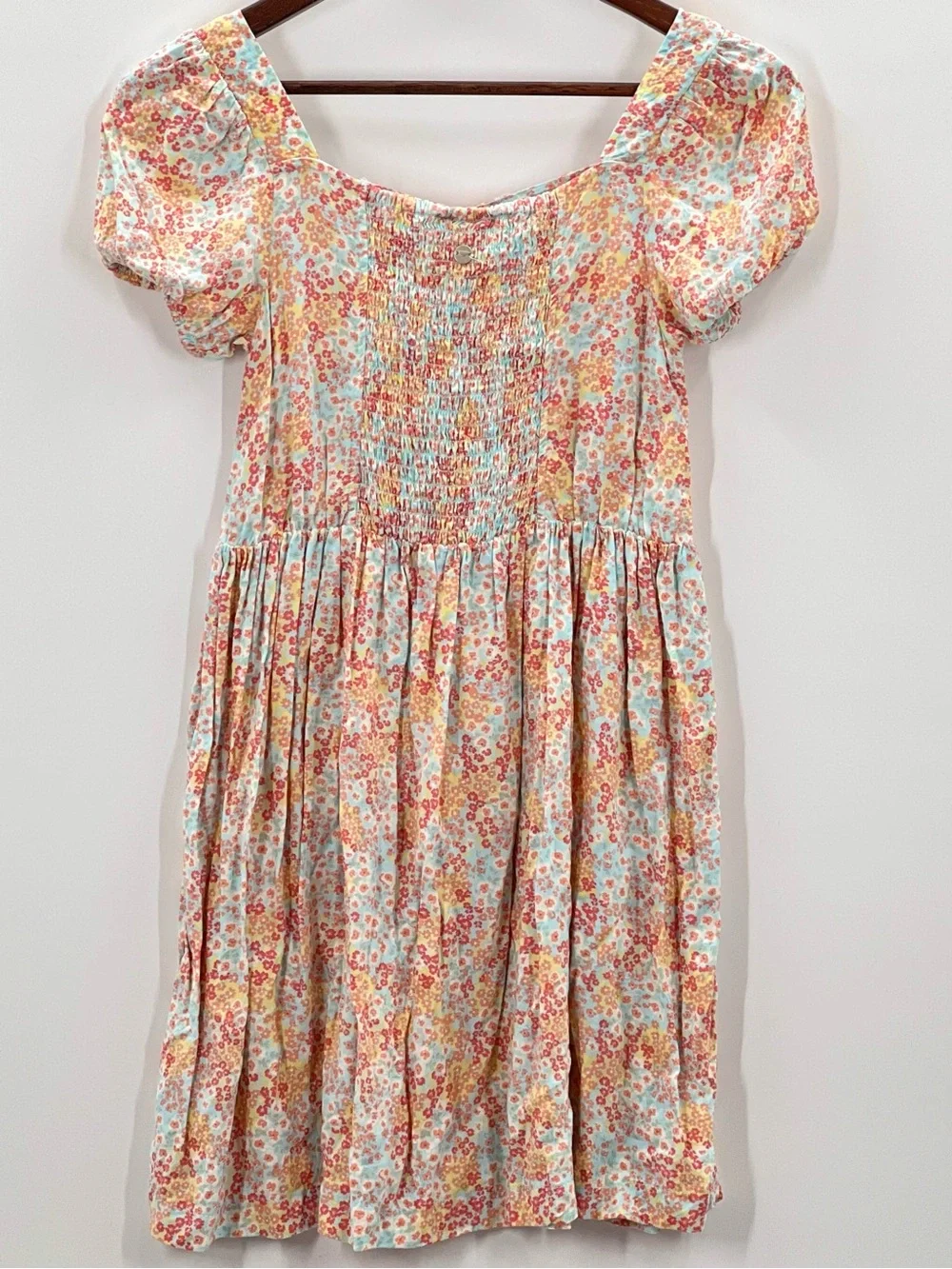 238 Roxy Floral Puff-Sleeve girls Dress - Pink & Yellow 10/12